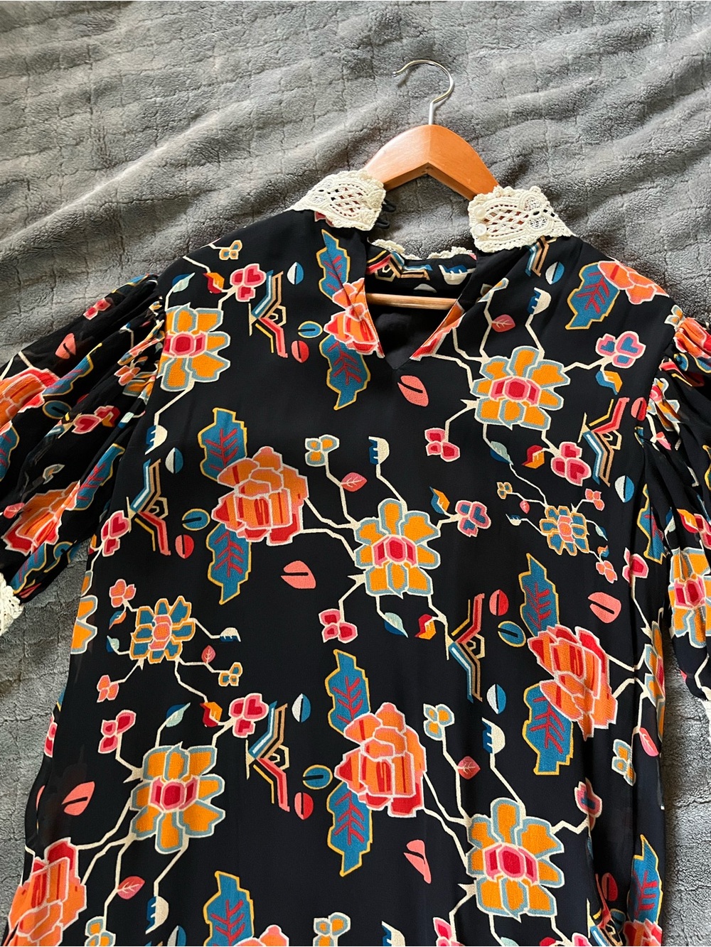 Anthropologie Black Floral & Geometric Mixed Print Dress with Crochet Collar - Picture 3 of 8
